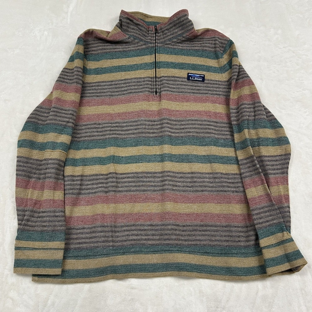 LL Bean Quarter Zip Pullover Mens L Multicolor Striped Mock Neck Pique Knit